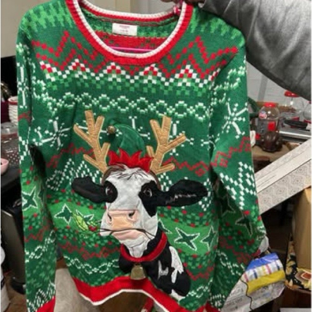 Holiday Time Ugly Cow Bell Christmas Men’s  Sweater Small (34-36)
